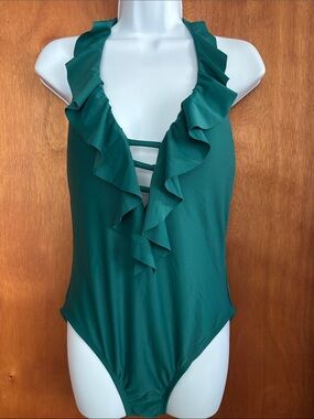 Blue Rod Beattie: Ruffled Deep V One-Piece Swimsuit - Emerald Green